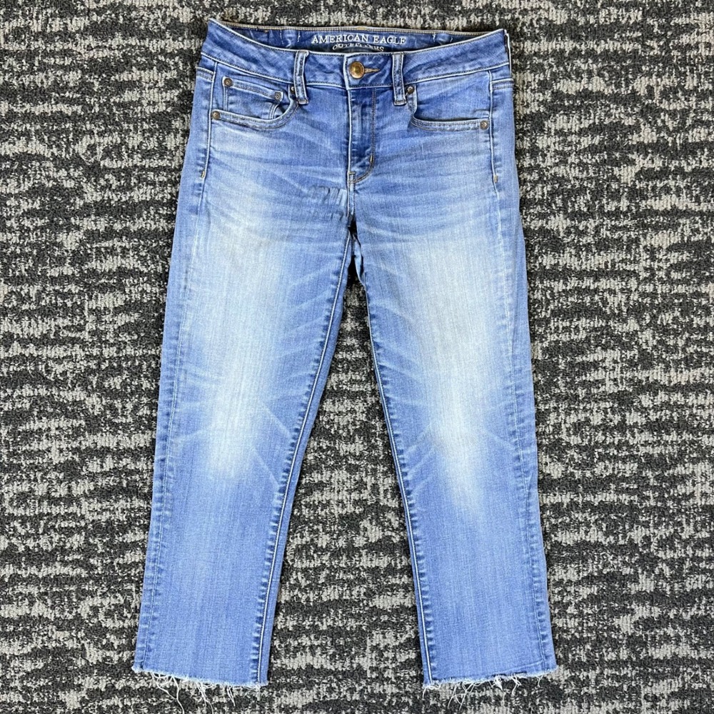 American Eagle Straight Crop Jeans Womens 4 Blue Super Super Stretch‎ Raw Hem